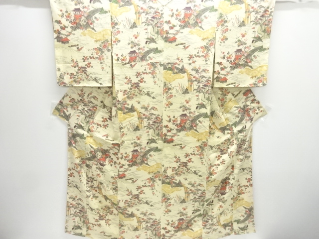 未使用品　橋に寺院風景模様小紋着物